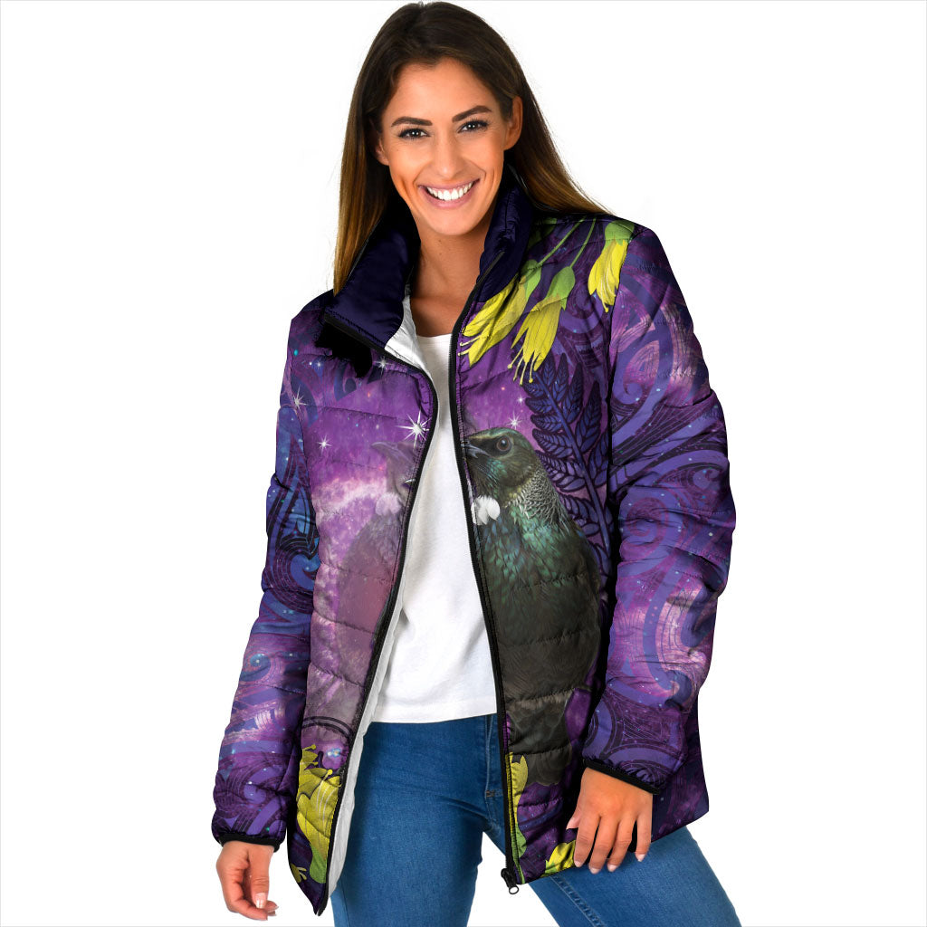 New Zealand Tui Bird Matariki Padded Jacket Kowhai Flower Silver Fern Galaxy Maori Pattern LT22 Women Purple - Polynesian Pride