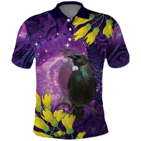 New Zealand Tui Bird Matariki Polo Shirt Kowhai Flower Silver Fern Galaxy Maori Pattern LT22 Purple - Polynesian Pride