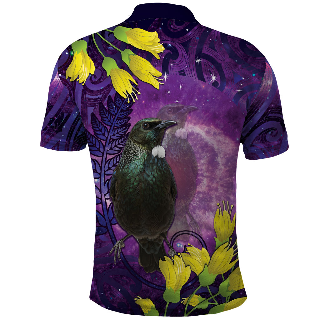 New Zealand Tui Bird Matariki Polo Shirt Kowhai Flower Silver Fern Galaxy Maori Pattern LT22 - Polynesian Pride