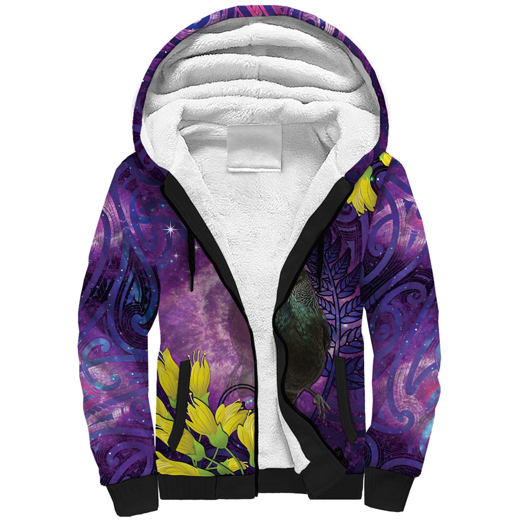 New Zealand Tui Bird Matariki Sherpa Hoodie Kowhai Flower Silver Fern Galaxy Maori Pattern LT22 Unisex Purple - Polynesian Pride