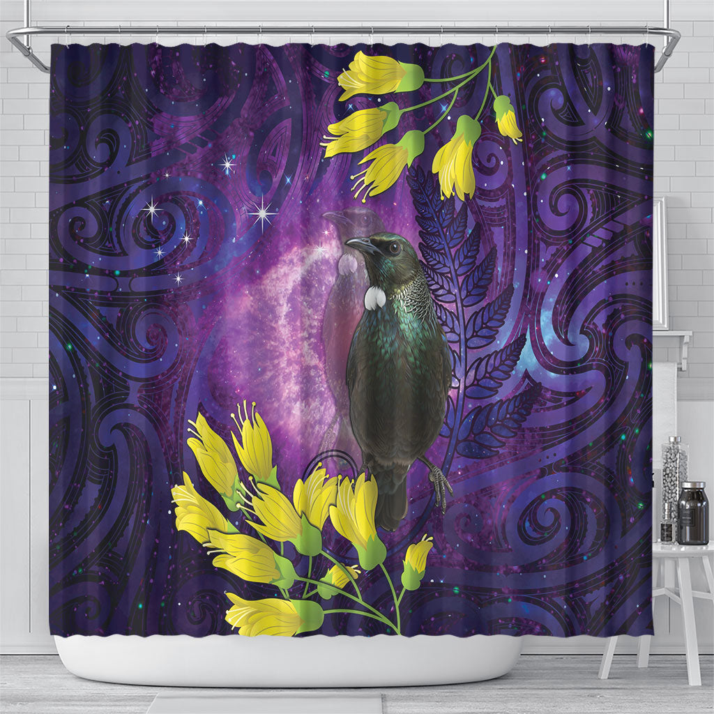 New Zealand Tui Bird Matariki Shower Curtain Kowhai Flower Silver Fern Galaxy Maori Pattern LT22 - Polynesian Pride