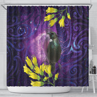 New Zealand Tui Bird Matariki Shower Curtain Kowhai Flower Silver Fern Galaxy Maori Pattern LT22 - Polynesian Pride