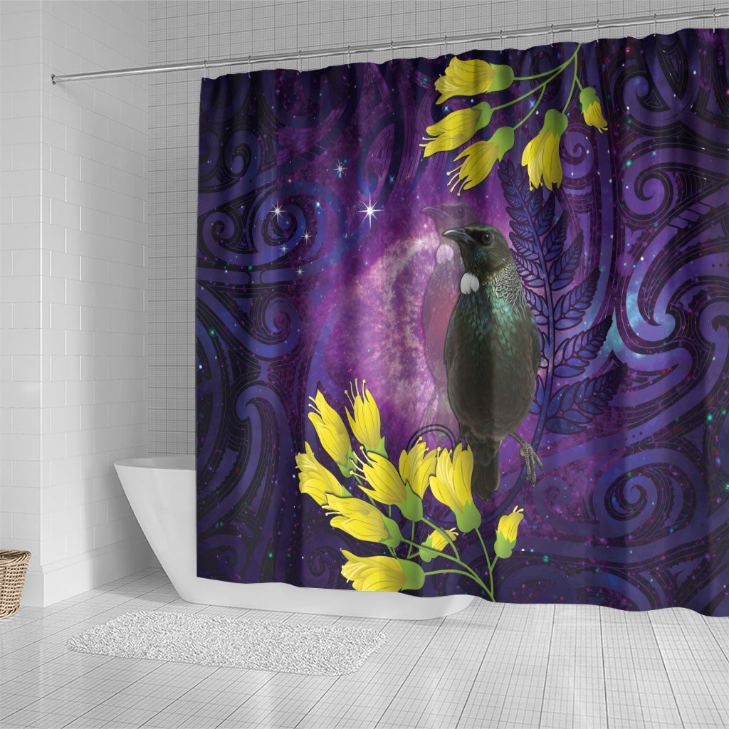 New Zealand Tui Bird Matariki Shower Curtain Kowhai Flower Silver Fern Galaxy Maori Pattern LT22 - Polynesian Pride