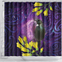 New Zealand Tui Bird Matariki Shower Curtain Kowhai Flower Silver Fern Galaxy Maori Pattern LT22 - Polynesian Pride