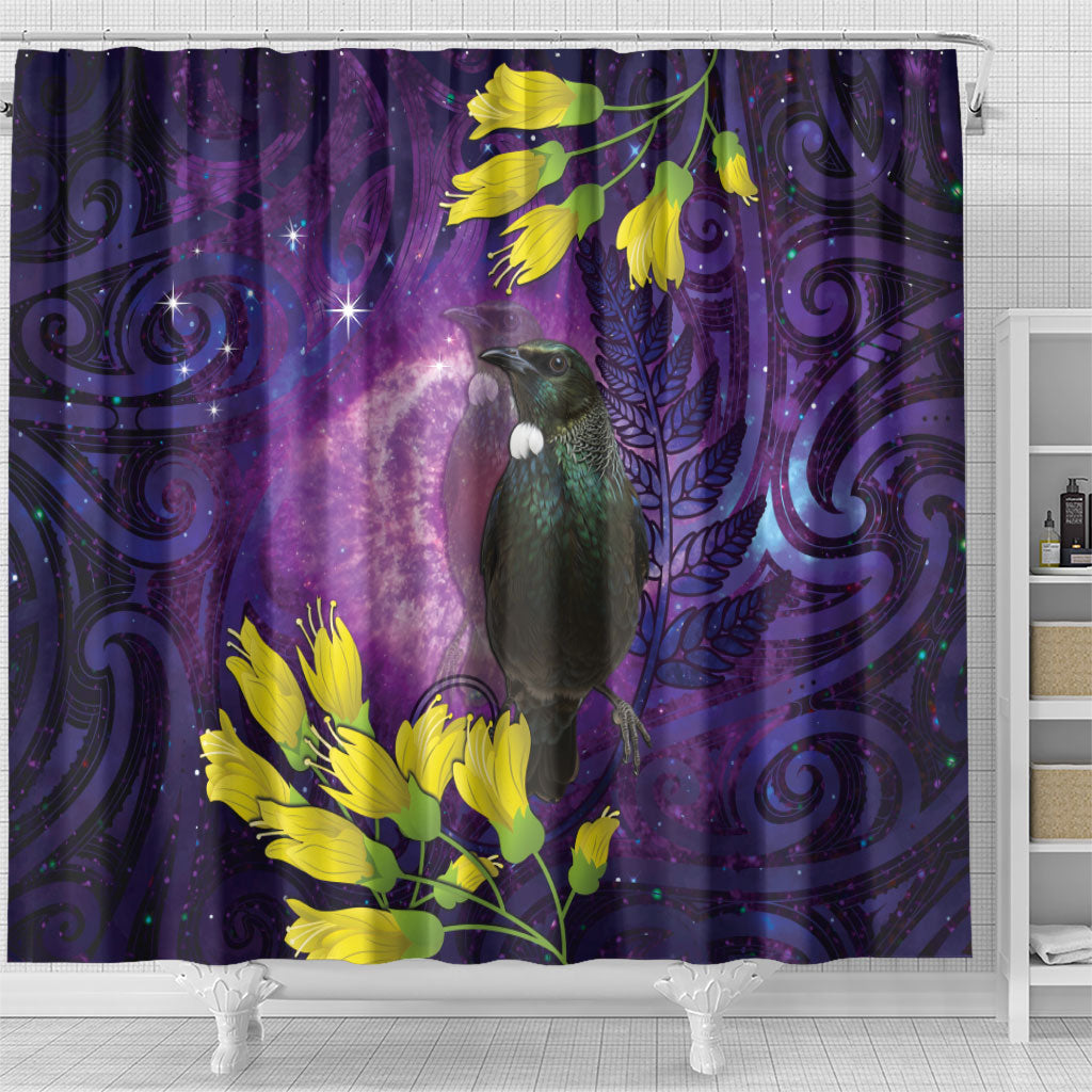 New Zealand Tui Bird Matariki Shower Curtain Kowhai Flower Silver Fern Galaxy Maori Pattern LT22 - Polynesian Pride
