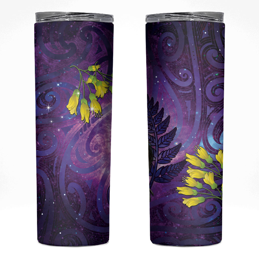 New Zealand Tui Bird Matariki Skinny Tumbler Kowhai Flower Silver Fern Galaxy Maori Pattern LT22 Purple - Polynesian Pride