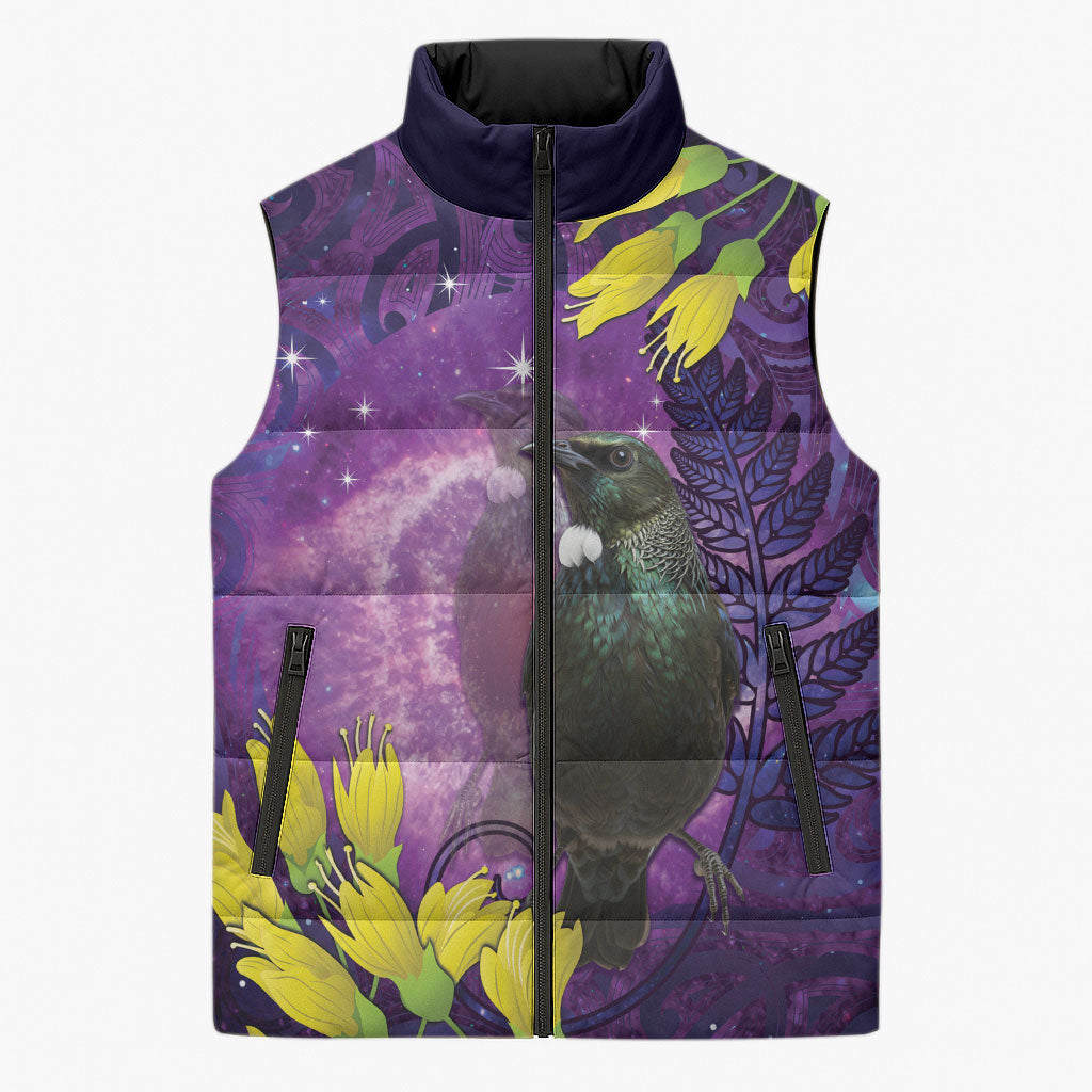 New Zealand Tui Bird Matariki Sleeveless Puffer Jacket Kowhai Flower Silver Fern Galaxy Maori Pattern LT22 Unisex Purple - Polynesian Pride