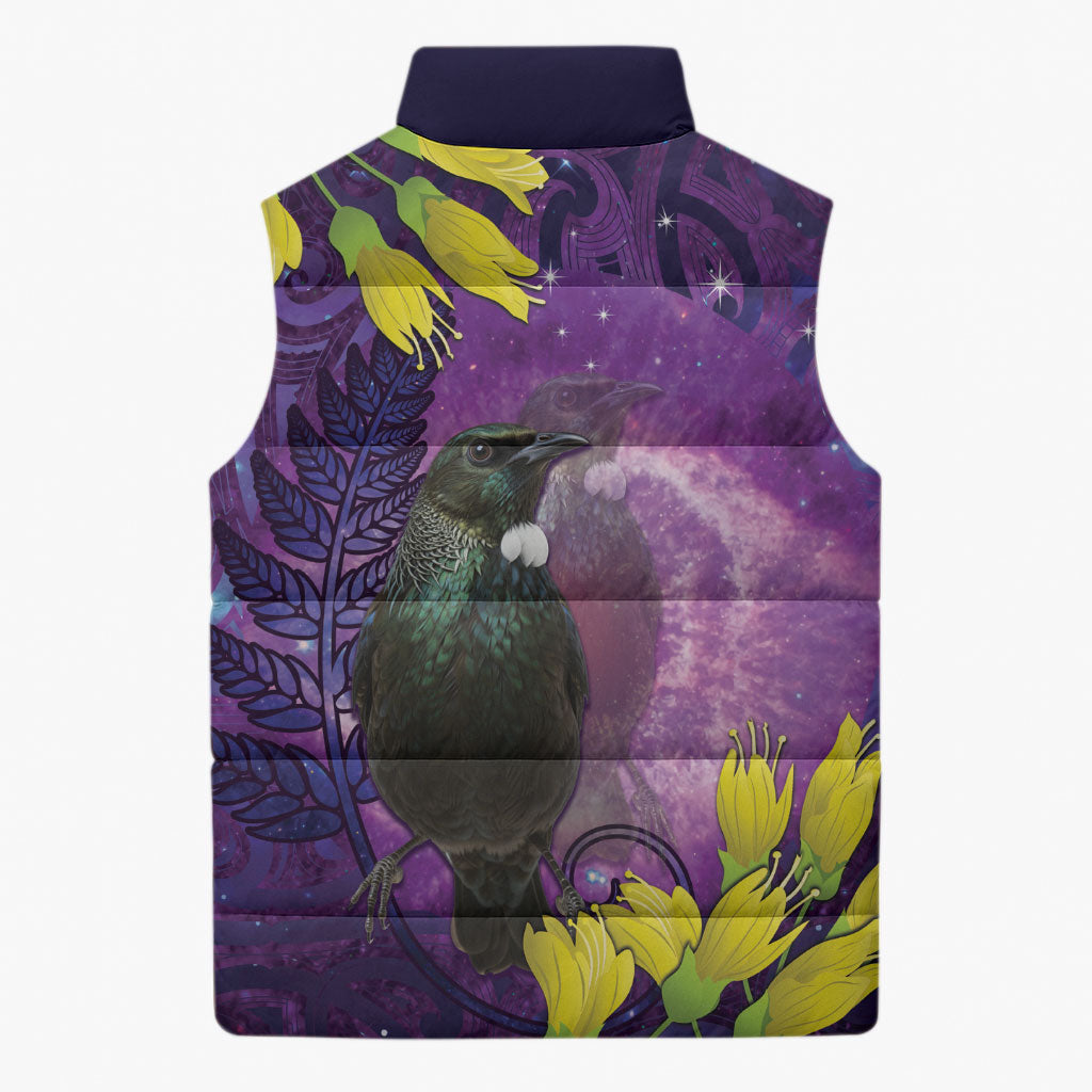 New Zealand Tui Bird Matariki Sleeveless Puffer Jacket Kowhai Flower Silver Fern Galaxy Maori Pattern LT22 - Polynesian Pride