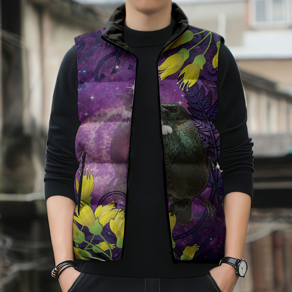 New Zealand Tui Bird Matariki Sleeveless Puffer Jacket Kowhai Flower Silver Fern Galaxy Maori Pattern LT22 - Polynesian Pride