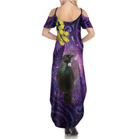 New Zealand Tui Bird Matariki Summer Maxi Dress Kowhai Flower Silver Fern Galaxy Maori Pattern LT22 - Polynesian Pride