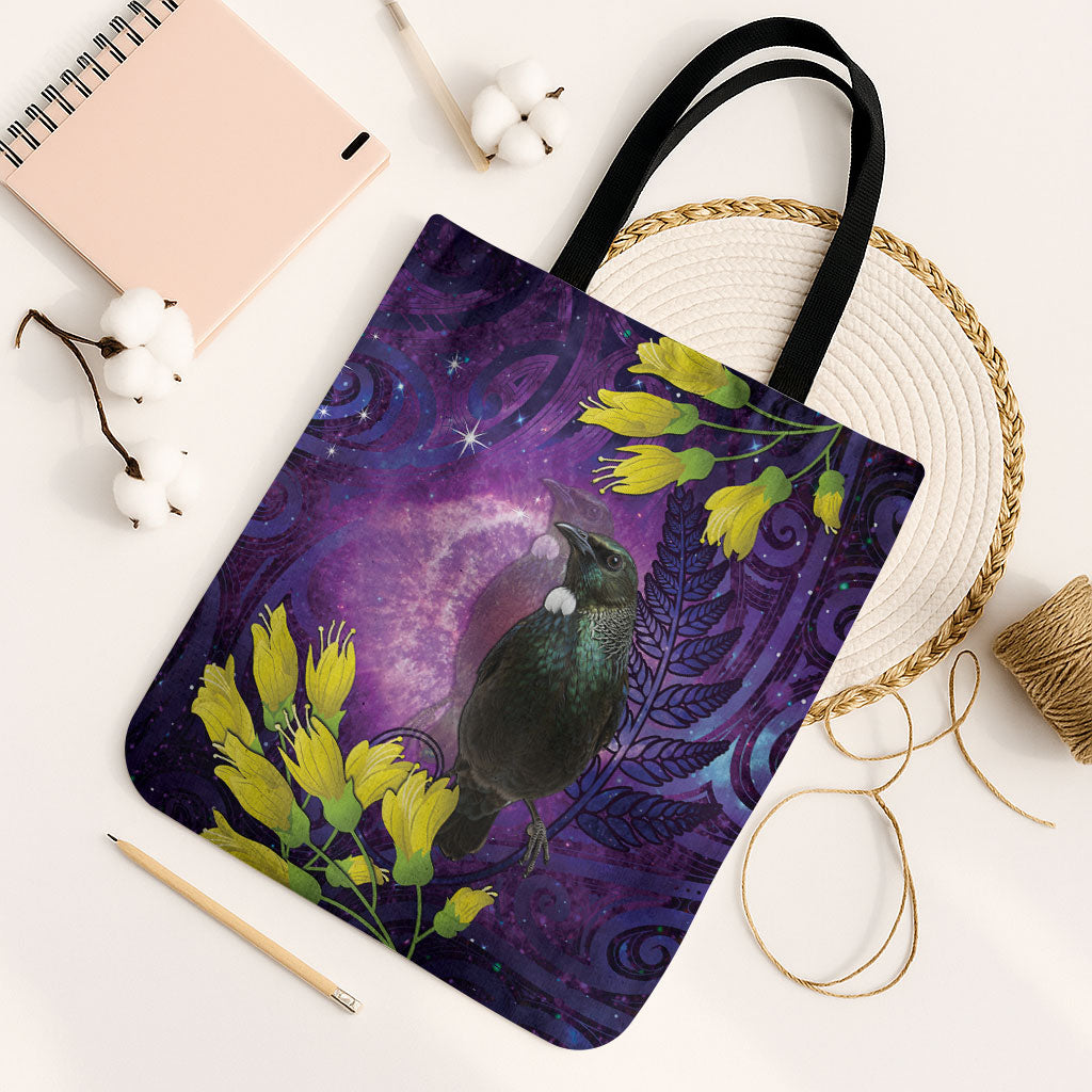 New Zealand Tui Bird Matariki Tote Bag Kowhai Flower Silver Fern Galaxy Maori Pattern LT22 Black Strap One Size Purple - Polynesian Pride
