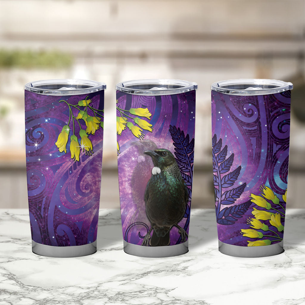 New Zealand Tui Bird Matariki Tumbler Cup Kowhai Flower Silver Fern Galaxy Maori Pattern LT22 - Polynesian Pride
