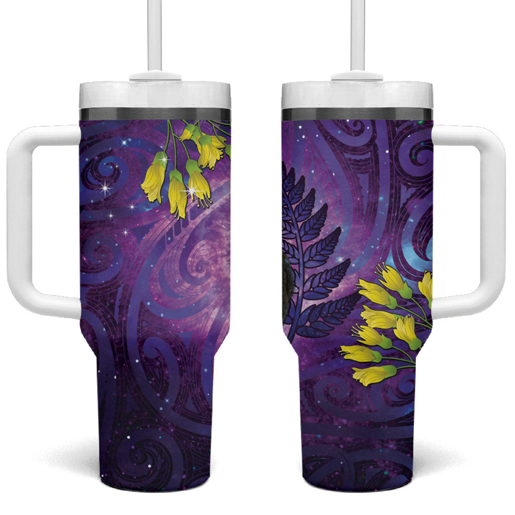 New Zealand Tui Bird Matariki Tumbler With Handle Kowhai Flower Silver Fern Galaxy Maori Pattern LT22 One Size: 40 oz Purple - Polynesian Pride