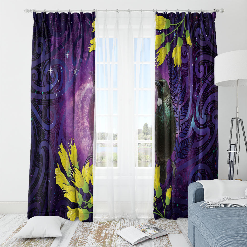 New Zealand Tui Bird Matariki Window Curtain Kowhai Flower Silver Fern Galaxy Maori Pattern LT22 - Polynesian Pride