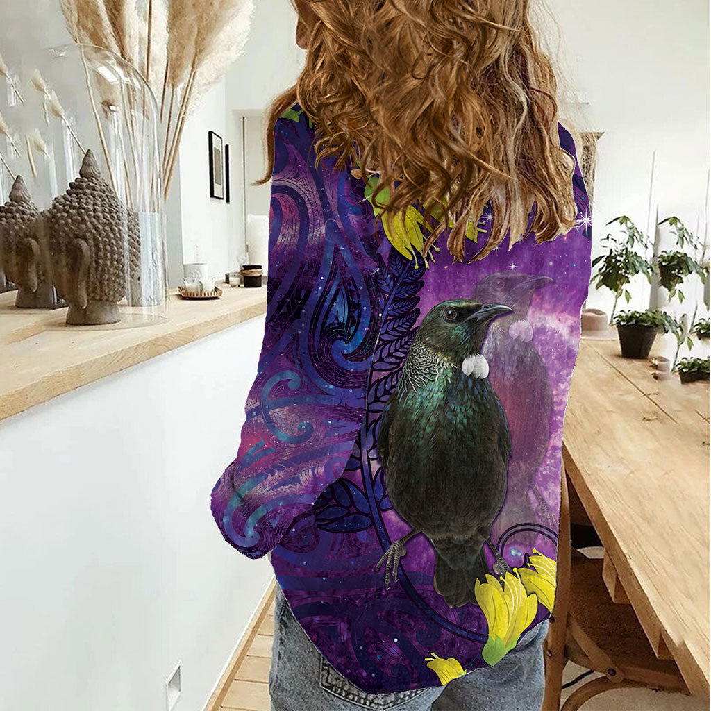 New Zealand Tui Bird Matariki Women Casual Shirt Kowhai Flower Silver Fern Galaxy Maori Pattern LT22 - Polynesian Pride