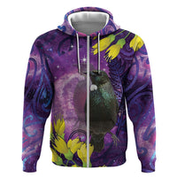 New Zealand Tui Bird Matariki Zip Hoodie Kowhai Flower Silver Fern Galaxy Maori Pattern LT22 Zip Hoodie Purple - Polynesian Pride