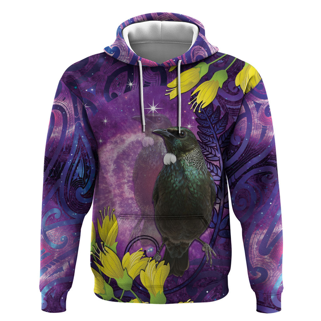 New Zealand Tui Bird Matariki Zip Hoodie Kowhai Flower Silver Fern Galaxy Maori Pattern LT22 Pullover Hoodie Purple - Polynesian Pride