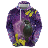 New Zealand Tui Bird Matariki Zip Hoodie Kowhai Flower Silver Fern Galaxy Maori Pattern LT22 - Polynesian Pride