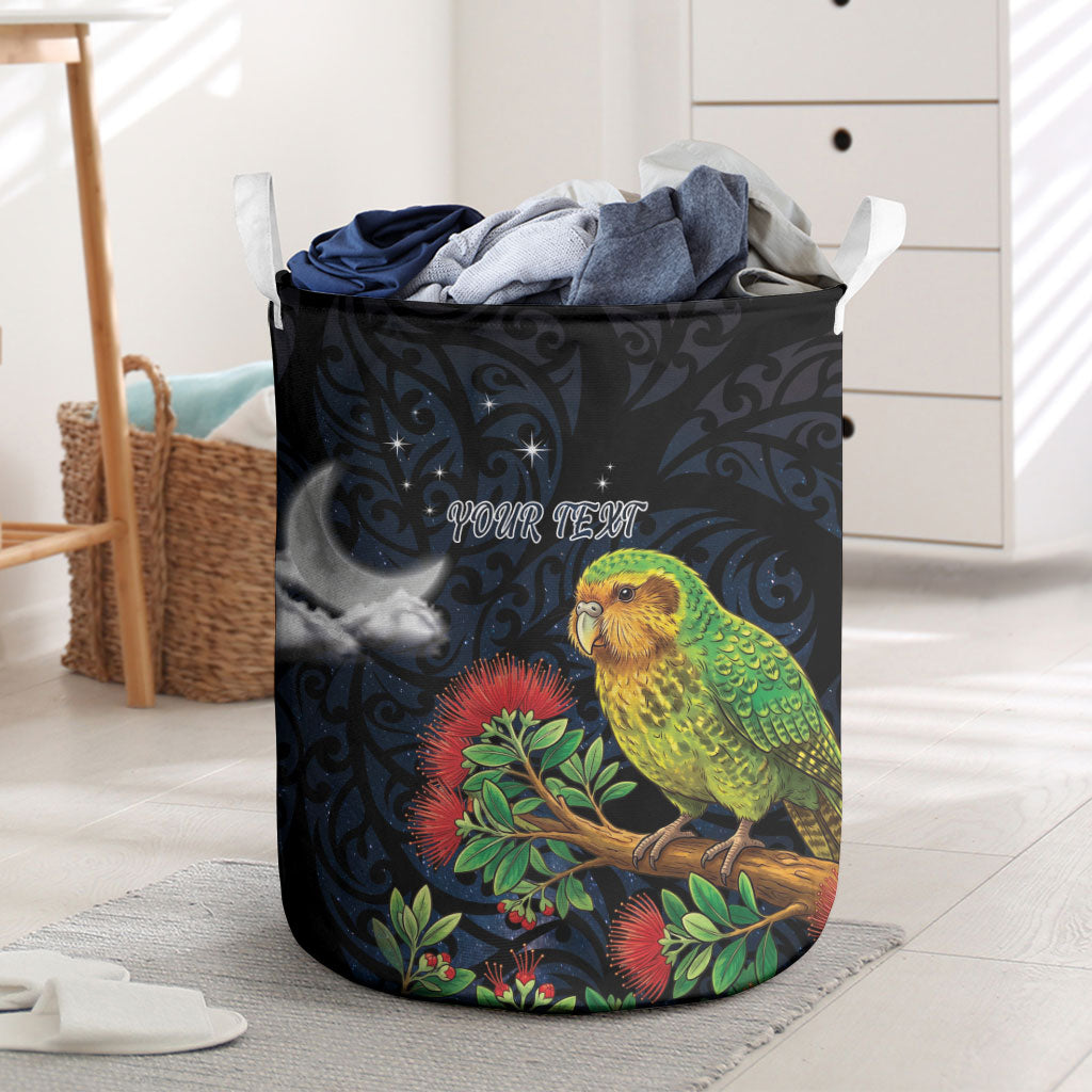 New Zealand Kakapo Matariki Personalised Laundry Basket Pohutukawa Flower Galaxy Maori Pattern LT22 Black - Polynesian Pride