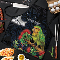 New Zealand Kakapo Matariki Personalised Apron Pohutukawa Flower Galaxy Maori Pattern LT22 Black - Polynesian Pride