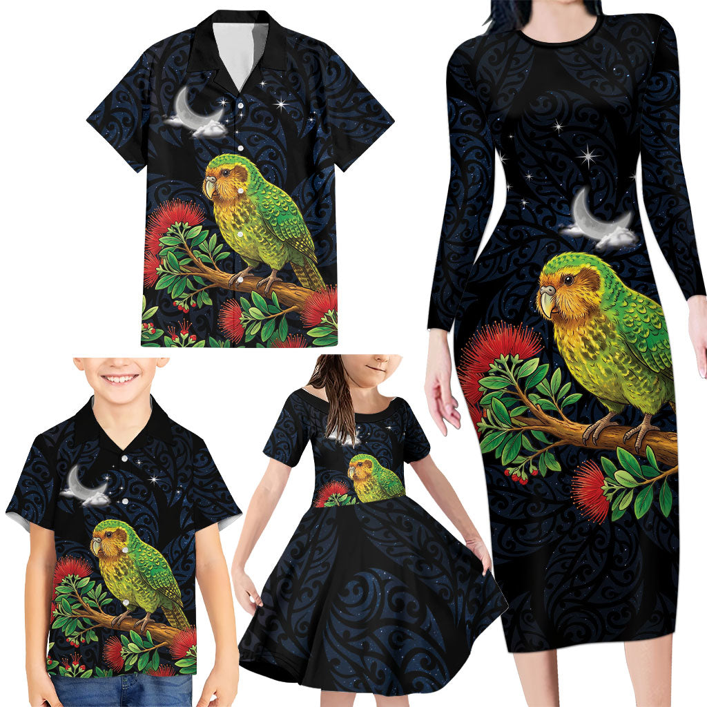 New Zealand Kakapo Matariki Personalised Family Matching Long Sleeve Bodycon Dress and Hawaiian Shirt Pohutukawa Flower Galaxy Maori Pattern