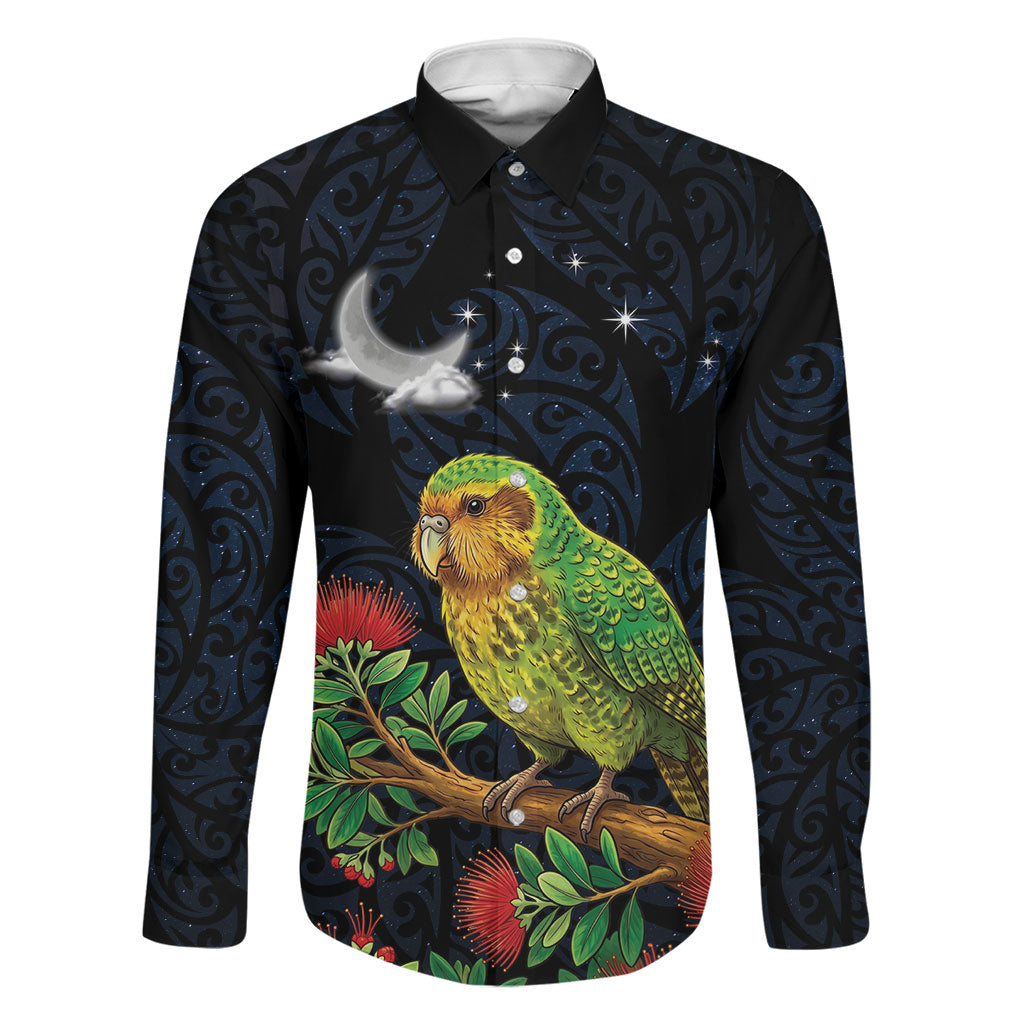 New Zealand Kakapo Matariki Personalised Family Matching Mermaid Dress and Hawaiian Shirt Pohutukawa Flower Galaxy Maori Pattern LT22 Dad's Shirt - Long Sleeve Black - Polynesian Pride