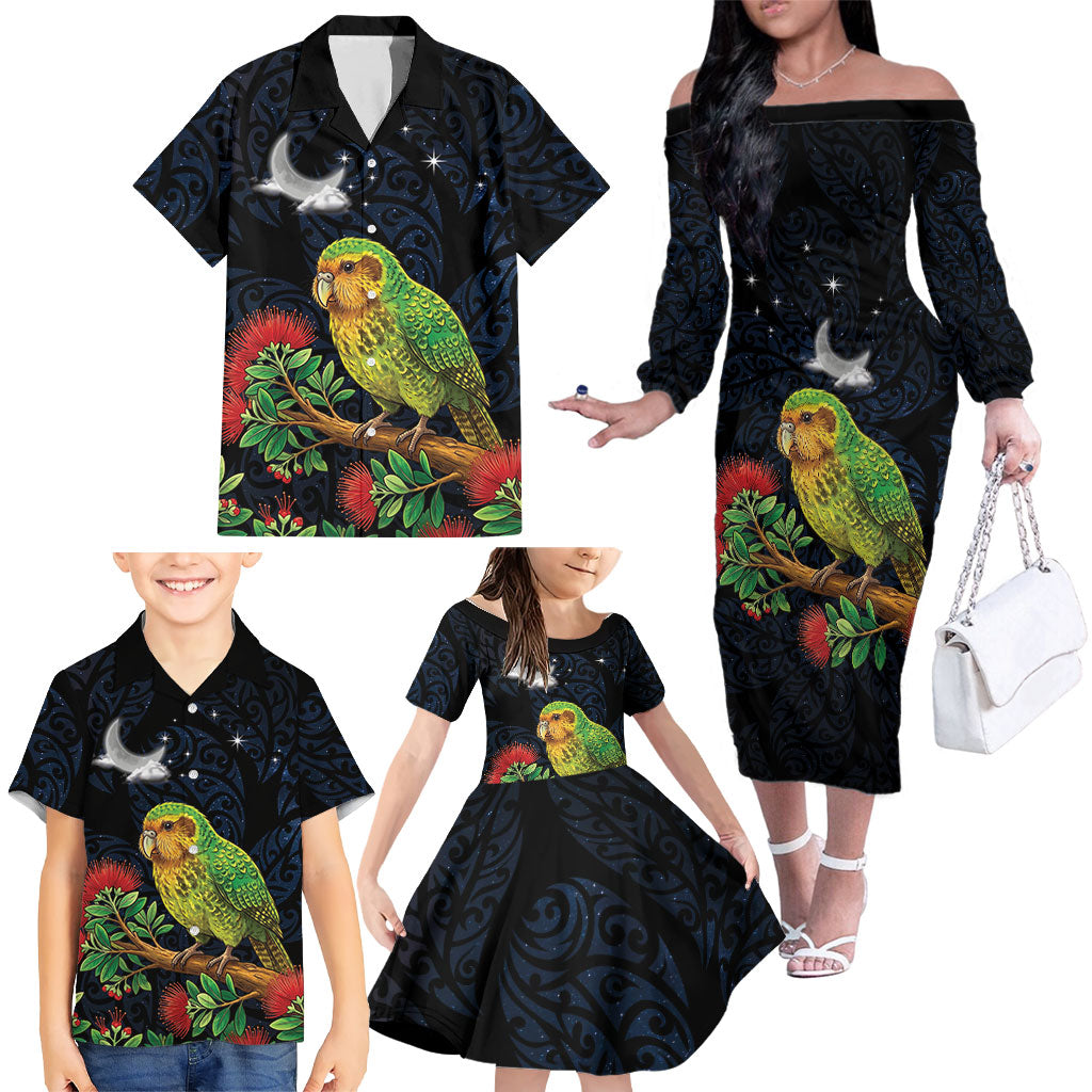 New Zealand Kakapo Matariki Personalised Family Matching Off The Shoulder Long Sleeve Dress and Hawaiian Shirt Pohutukawa Flower Galaxy Maori Pattern
