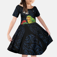 New Zealand Kakapo Matariki Personalised Family Matching Puletasi and Hawaiian Shirt Pohutukawa Flower Galaxy Maori Pattern LT22 Daughter's Dress Black - Polynesian Pride