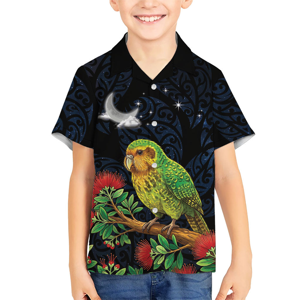 New Zealand Kakapo Matariki Personalised Kid Hawaiian Shirt Pohutukawa Flower Galaxy Maori Pattern