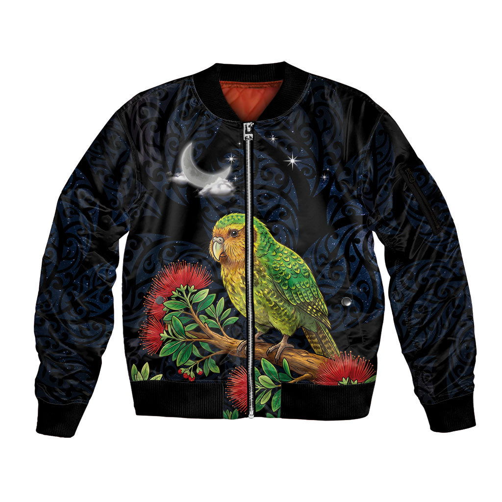 New Zealand Kakapo Matariki Personalised Sleeve Zip Bomber Jacket Pohutukawa Flower Galaxy Maori Pattern LT22 Unisex Black - Polynesian Pride