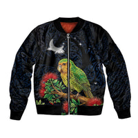 New Zealand Kakapo Matariki Personalised Sleeve Zip Bomber Jacket Pohutukawa Flower Galaxy Maori Pattern LT22 Unisex Black - Polynesian Pride