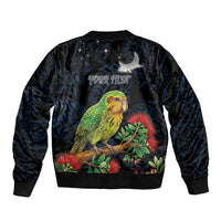 New Zealand Kakapo Matariki Personalised Sleeve Zip Bomber Jacket Pohutukawa Flower Galaxy Maori Pattern LT22 - Polynesian Pride