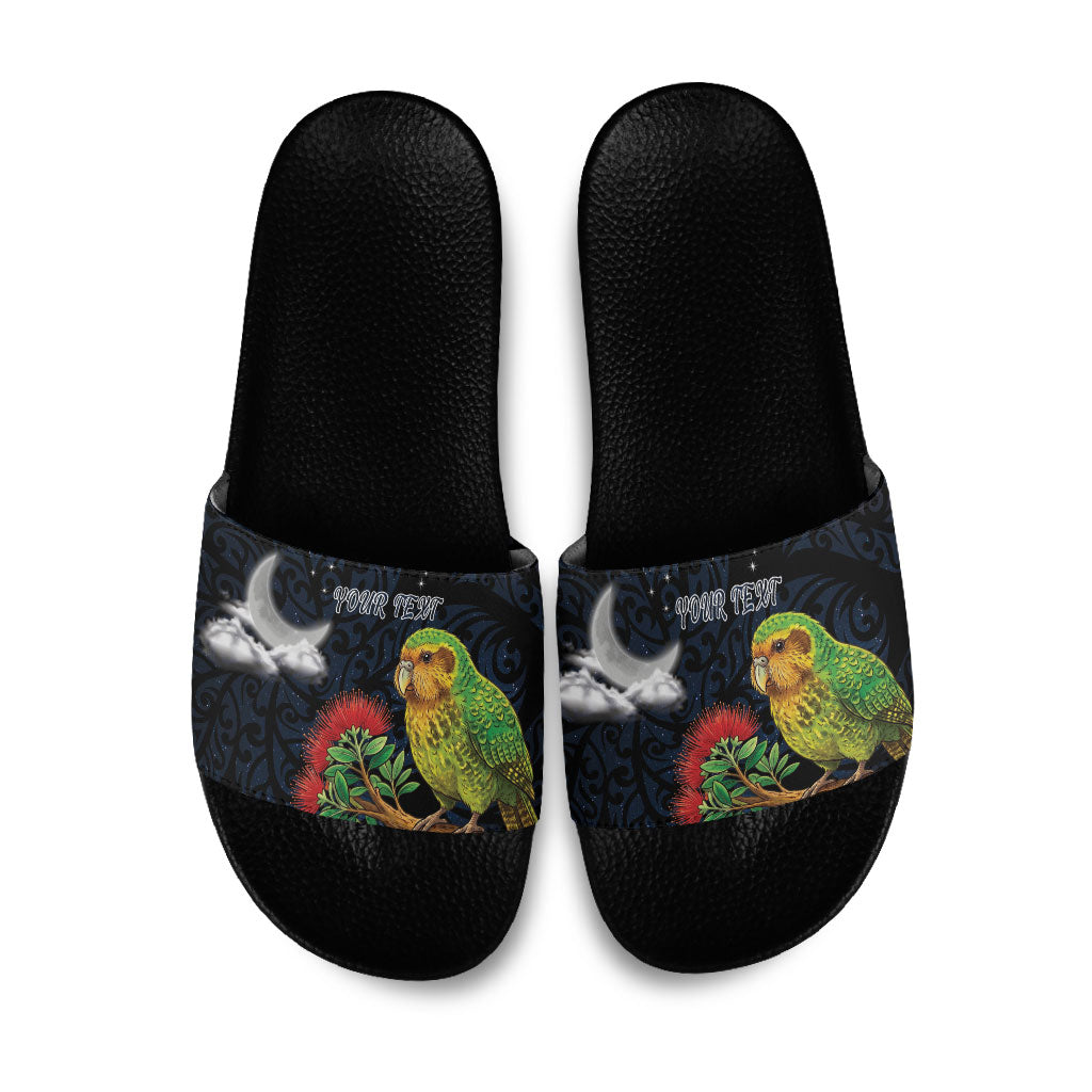 New Zealand Kakapo Matariki Personalised Slide Sandals Pohutukawa Flower Galaxy Maori Pattern LT22 Black - Polynesian Pride