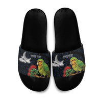 New Zealand Kakapo Matariki Personalised Slide Sandals Pohutukawa Flower Galaxy Maori Pattern LT22 Black - Polynesian Pride