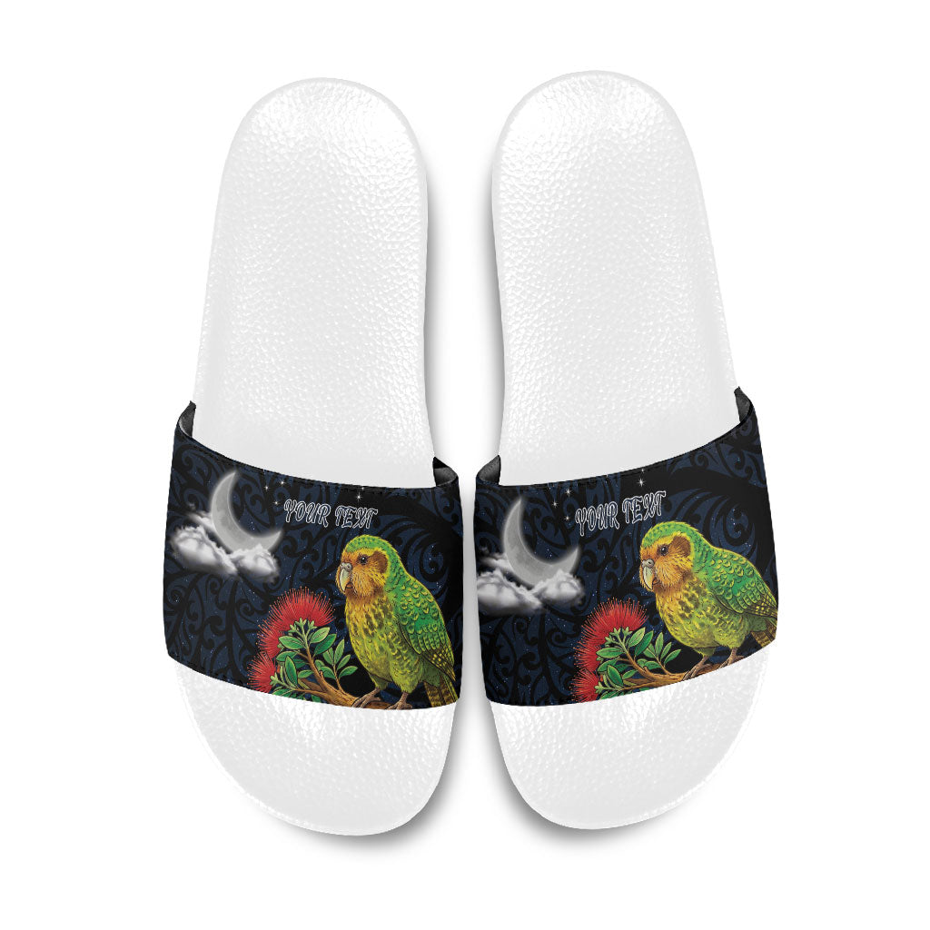 New Zealand Kakapo Matariki Personalised Slide Sandals Pohutukawa Flower Galaxy Maori Pattern LT22 Black - Polynesian Pride