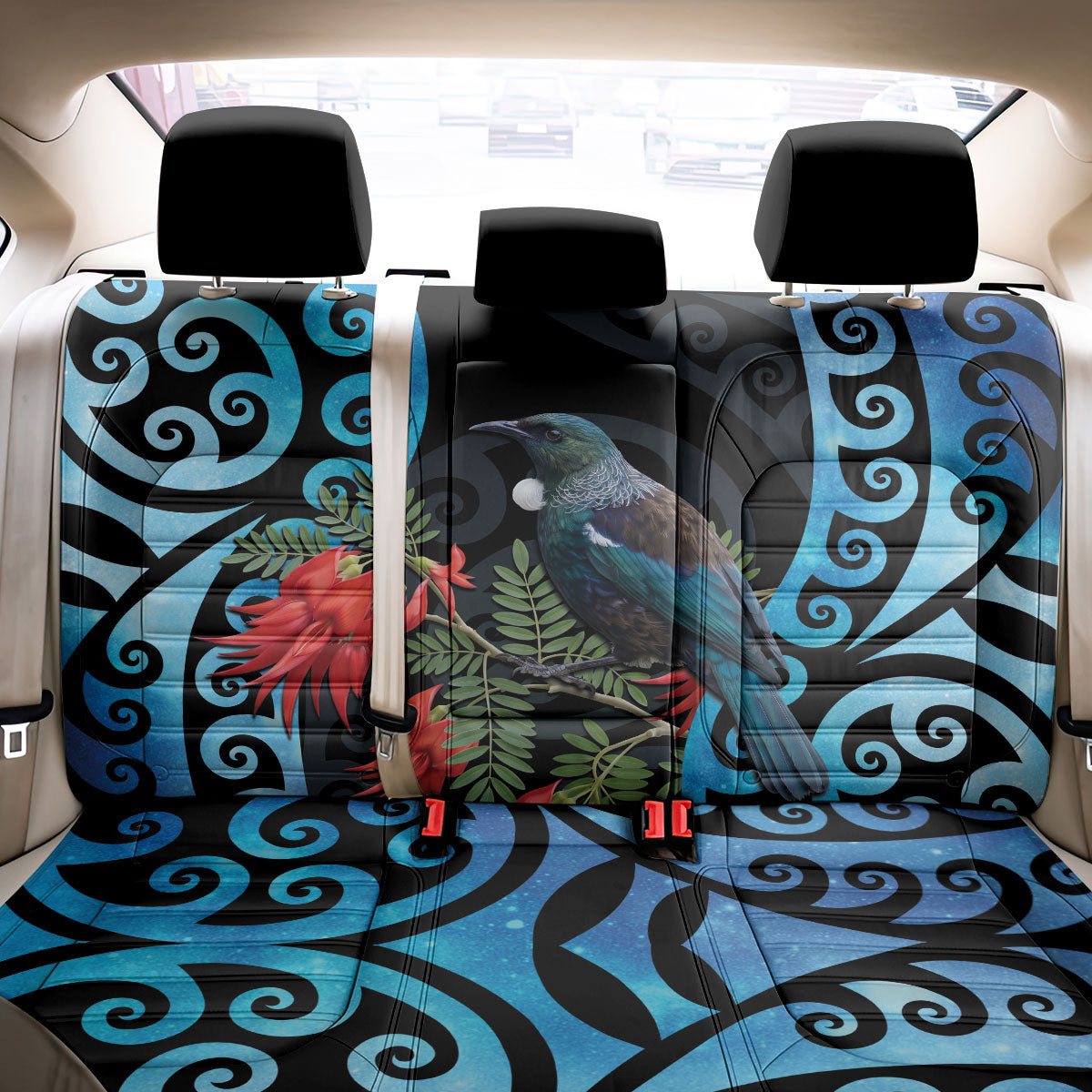Tui Bird Kakabeak New Zealand Back Car Seat Cover Clianthus Galaxy Maori Koru Pattern LT22 - Polynesian Pride