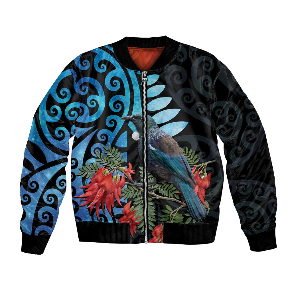 Tui Bird Kakabeak New Zealand Bomber Jacket Clianthus Galaxy Maori Koru Pattern LT22 Unisex Blue - Polynesian Pride