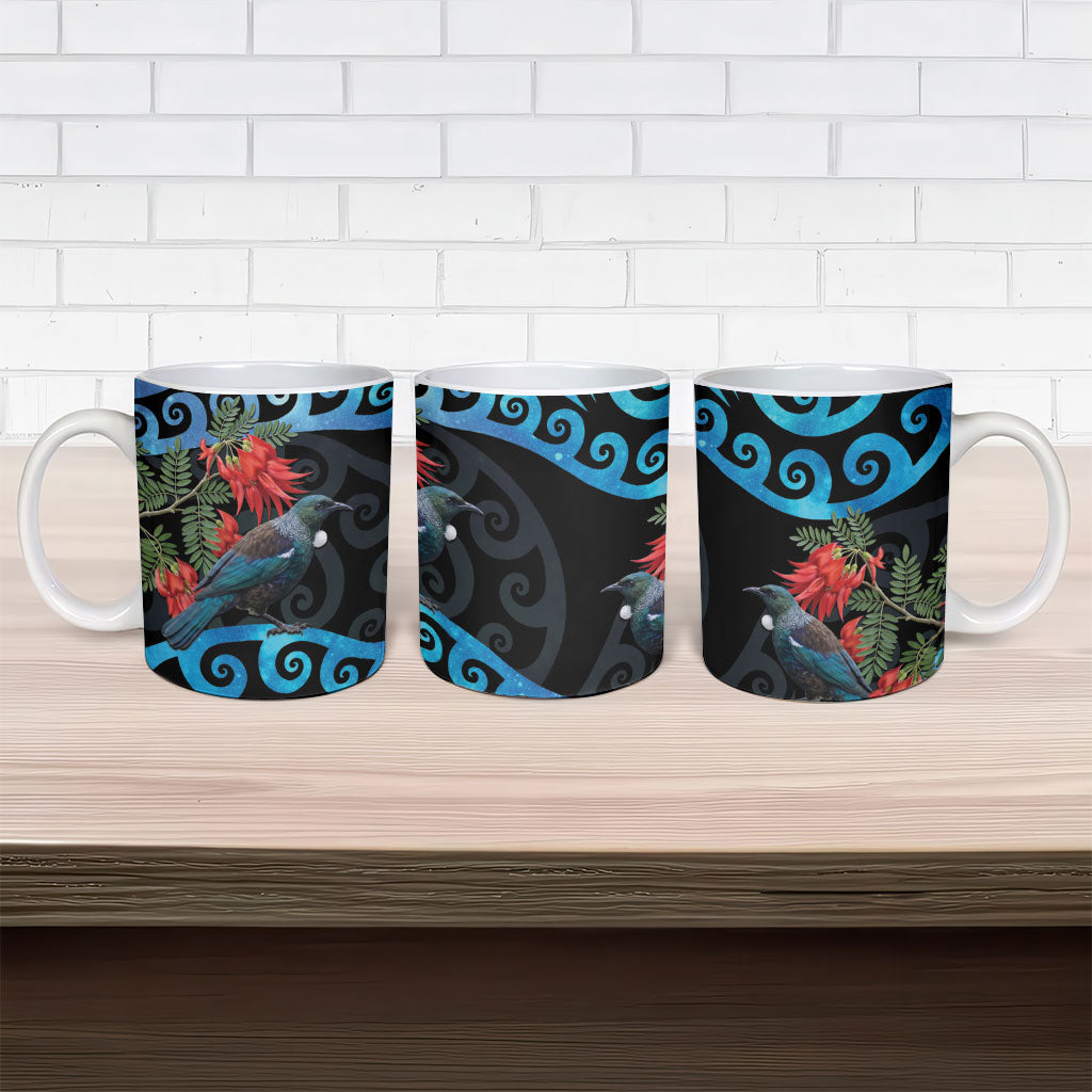 Tui Bird Kakabeak New Zealand Ceramic Mug Clianthus Galaxy Maori Koru Pattern LT22 - Polynesian Pride