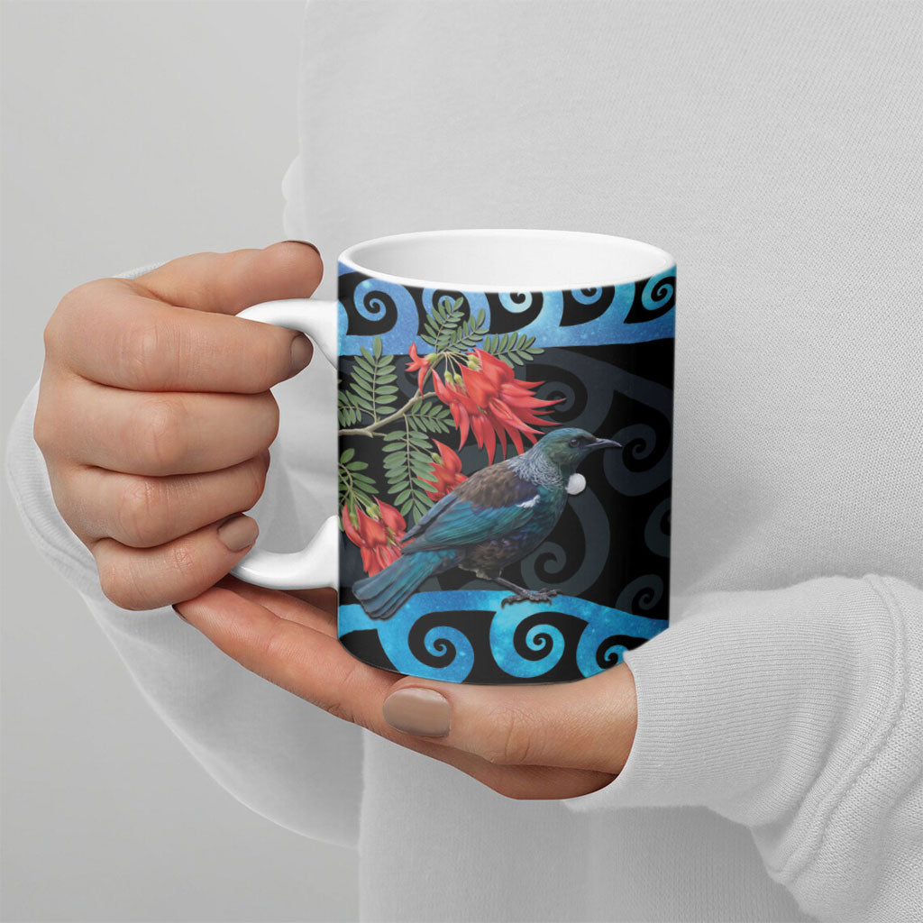 Tui Bird Kakabeak New Zealand Ceramic Mug Clianthus Galaxy Maori Koru Pattern LT22 - Polynesian Pride
