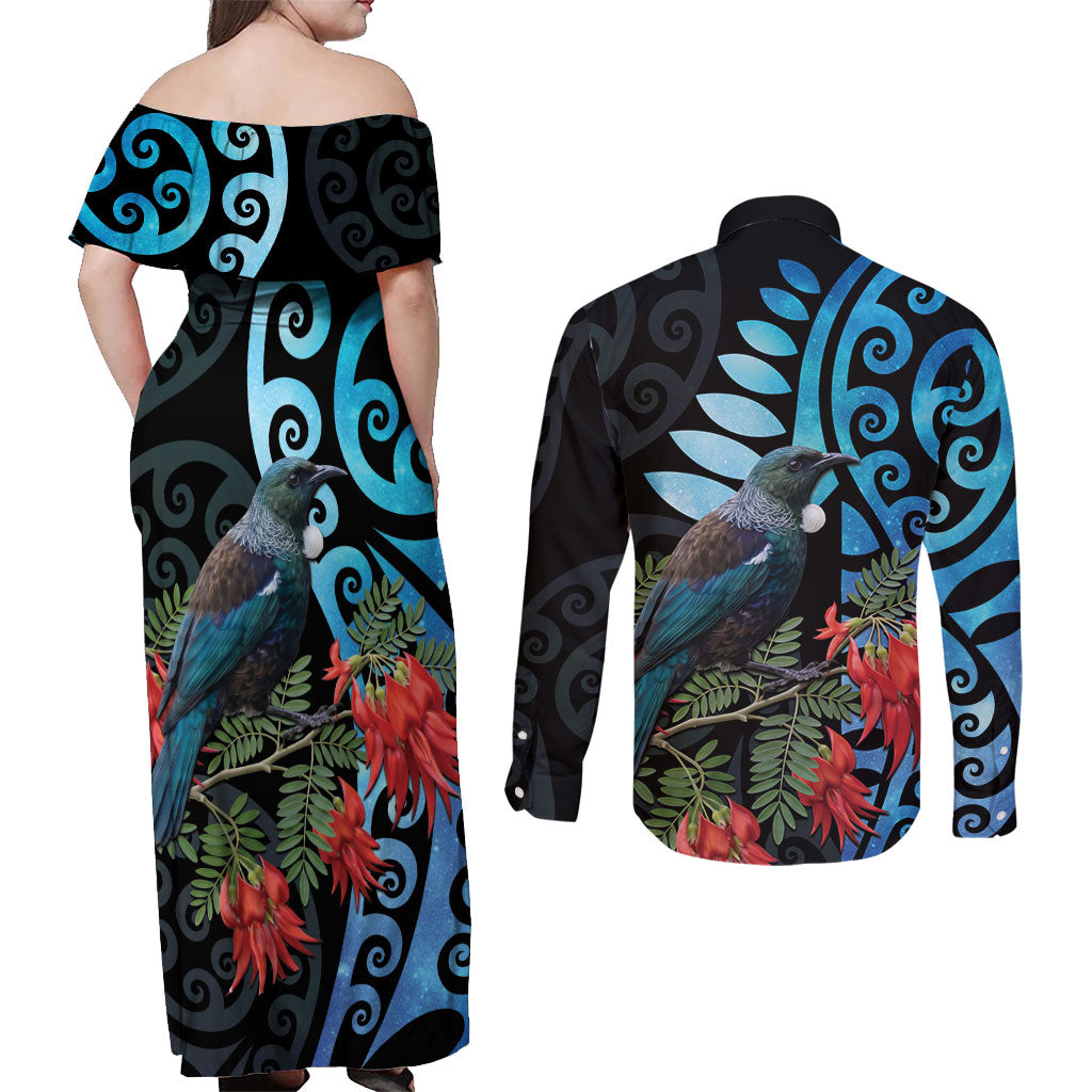 Tui Bird Kakabeak New Zealand Couples Matching Off Shoulder Maxi Dress and Long Sleeve Button Shirt Clianthus Galaxy Maori Koru Pattern LT22 - Polynesian Pride