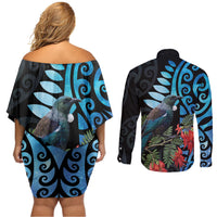 Tui Bird Kakabeak New Zealand Couples Matching Off Shoulder Short Dress and Long Sleeve Button Shirt Clianthus Galaxy Maori Koru Pattern LT22 - Polynesian Pride