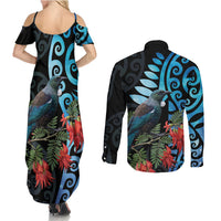 Tui Bird Kakabeak New Zealand Couples Matching Summer Maxi Dress and Long Sleeve Button Shirt Clianthus Galaxy Maori Koru Pattern LT22 - Polynesian Pride