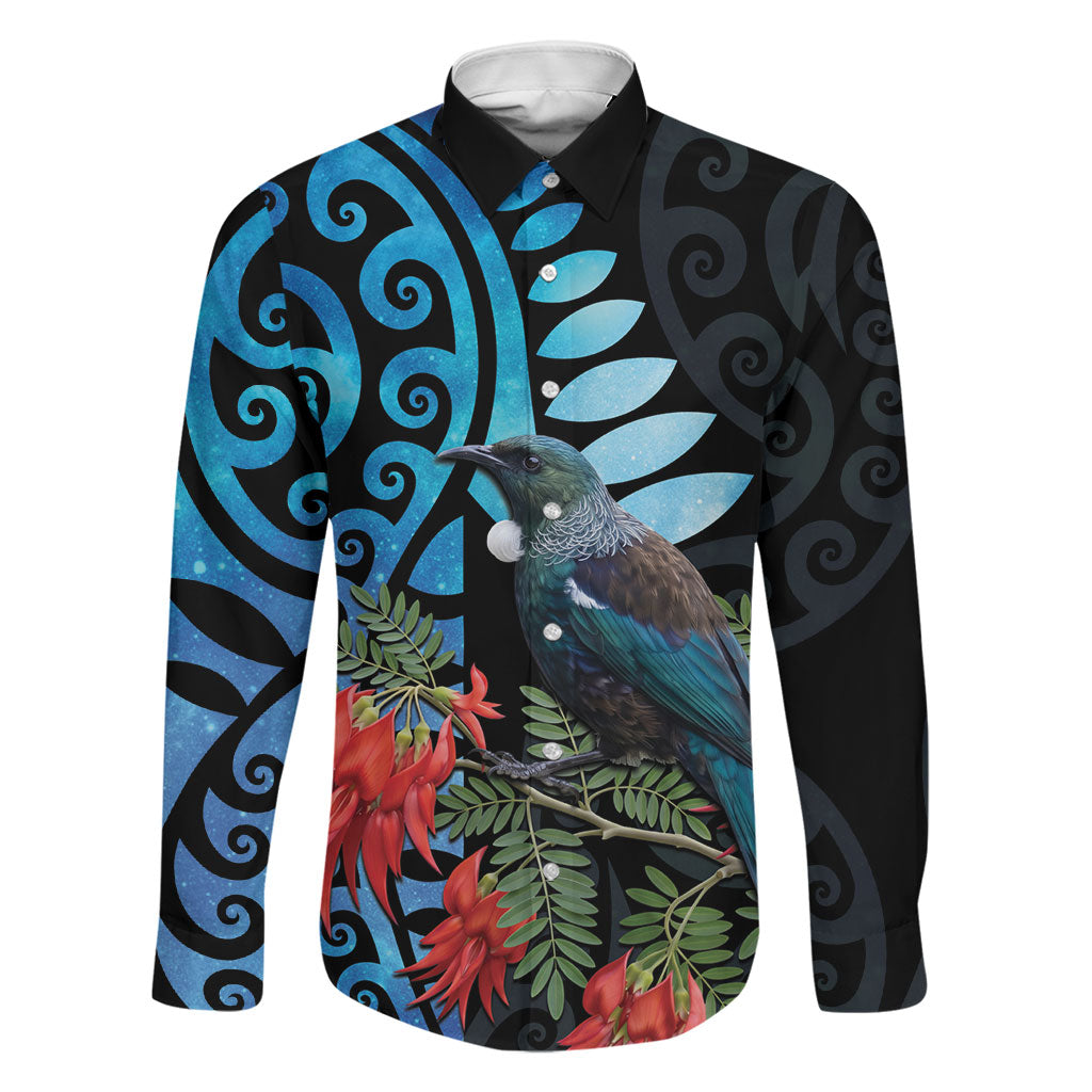 Tui Bird Kakabeak New Zealand Family Matching Mermaid Dress and Hawaiian Shirt Clianthus Galaxy Maori Koru Pattern LT22 Dad's Shirt - Long Sleeve Blue - Polynesian Pride