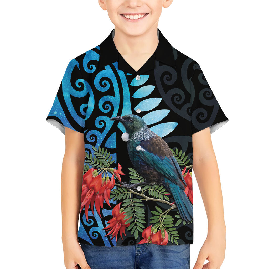 Tui Bird Kakabeak New Zealand Family Matching Off Shoulder Maxi Dress and Hawaiian Shirt Clianthus Galaxy Maori Koru Pattern LT22 Son's Shirt Blue - Polynesian Pride