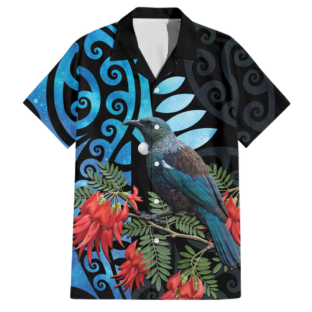 Tui Bird Kakabeak New Zealand Family Matching Short Sleeve Bodycon Dress and Hawaiian Shirt Clianthus Galaxy Maori Koru Pattern LT22 Dad's Shirt - Short Sleeve Blue - Polynesian Pride