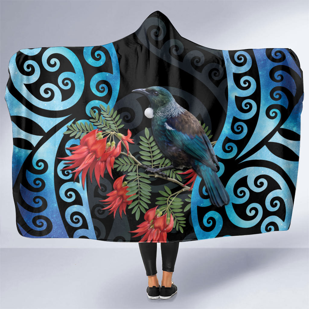 Tui Bird Kakabeak New Zealand Hooded Blanket Clianthus Galaxy Maori Koru Pattern LT22 One Size Blue - Polynesian Pride