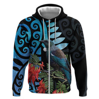 Tui Bird Kakabeak New Zealand Hoodie Clianthus Galaxy Maori Koru Pattern LT22 Zip Hoodie Blue - Polynesian Pride