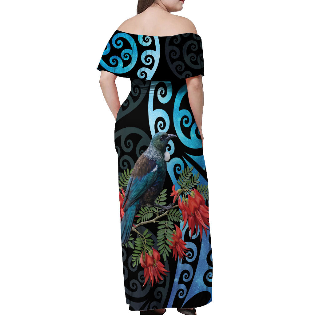 Tui Bird Kakabeak New Zealand Off Shoulder Maxi Dress Clianthus Galaxy Maori Koru Pattern LT22 - Polynesian Pride