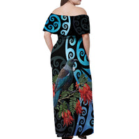 Tui Bird Kakabeak New Zealand Off Shoulder Maxi Dress Clianthus Galaxy Maori Koru Pattern LT22 - Polynesian Pride