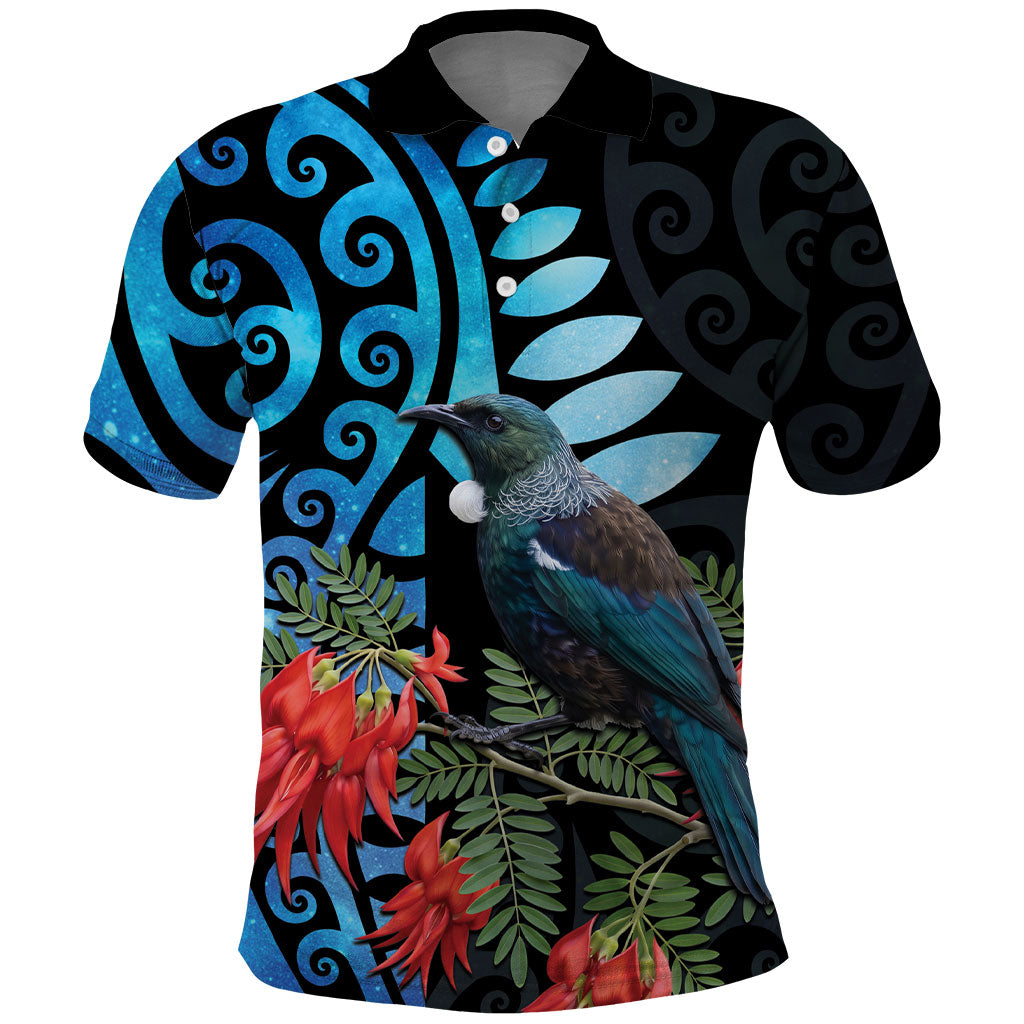 Tui Bird Kakabeak New Zealand Polo Shirt Clianthus Galaxy Maori Koru Pattern LT22 Blue - Polynesian Pride